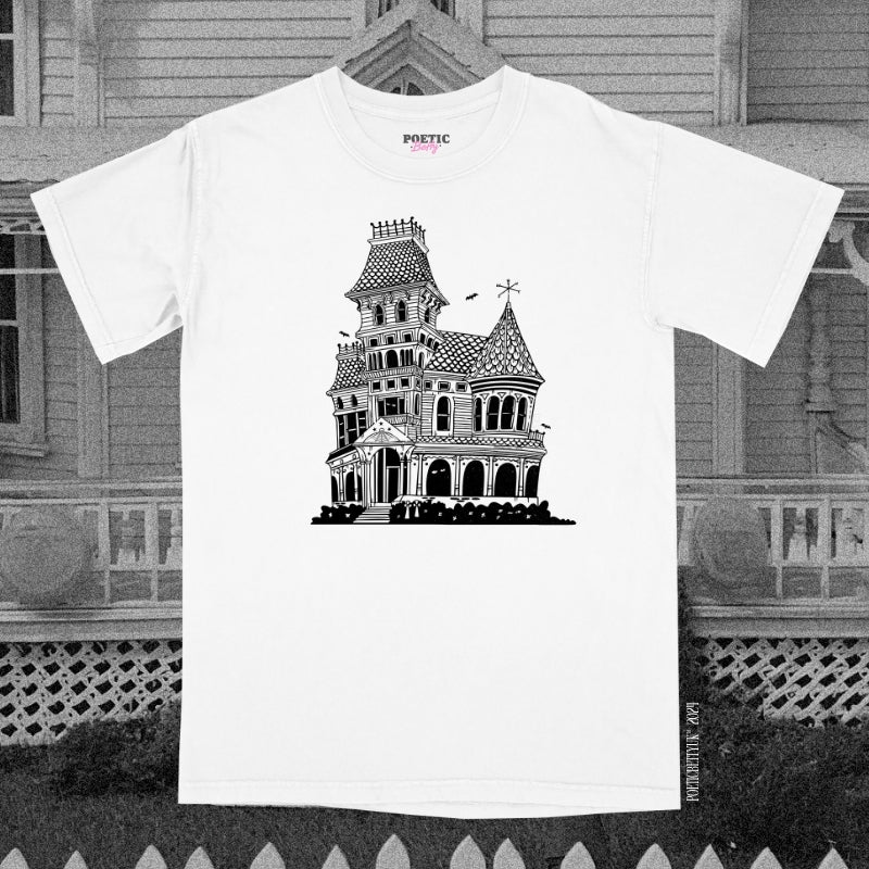 Retro Illustrated Spooky Haunted House Halloween Crew Neck Adult T-Shirt