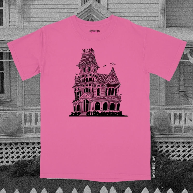 Retro Illustrated Spooky Haunted House Halloween Crew Neck Adult T-Shirt