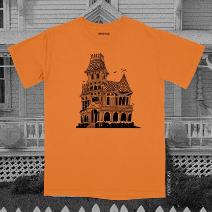 Retro Illustrated Spooky Haunted House Halloween Crew Neck Adult T-Shirt