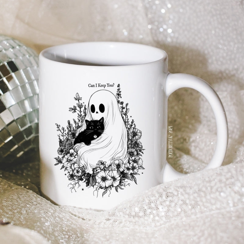 Cute Ghost with Black Cat Vintage Spooky Florals Gothic 11oz White Mug