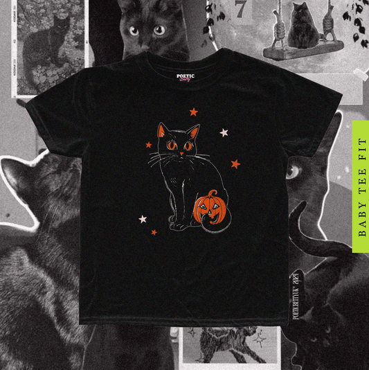 Black Cat With Pumpkin Stars Halloween Baby Tee