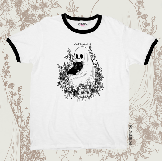 Cute Ghost with Black Cat Vintage Spooky Florals Gothic Retro Ringer T-Shirt