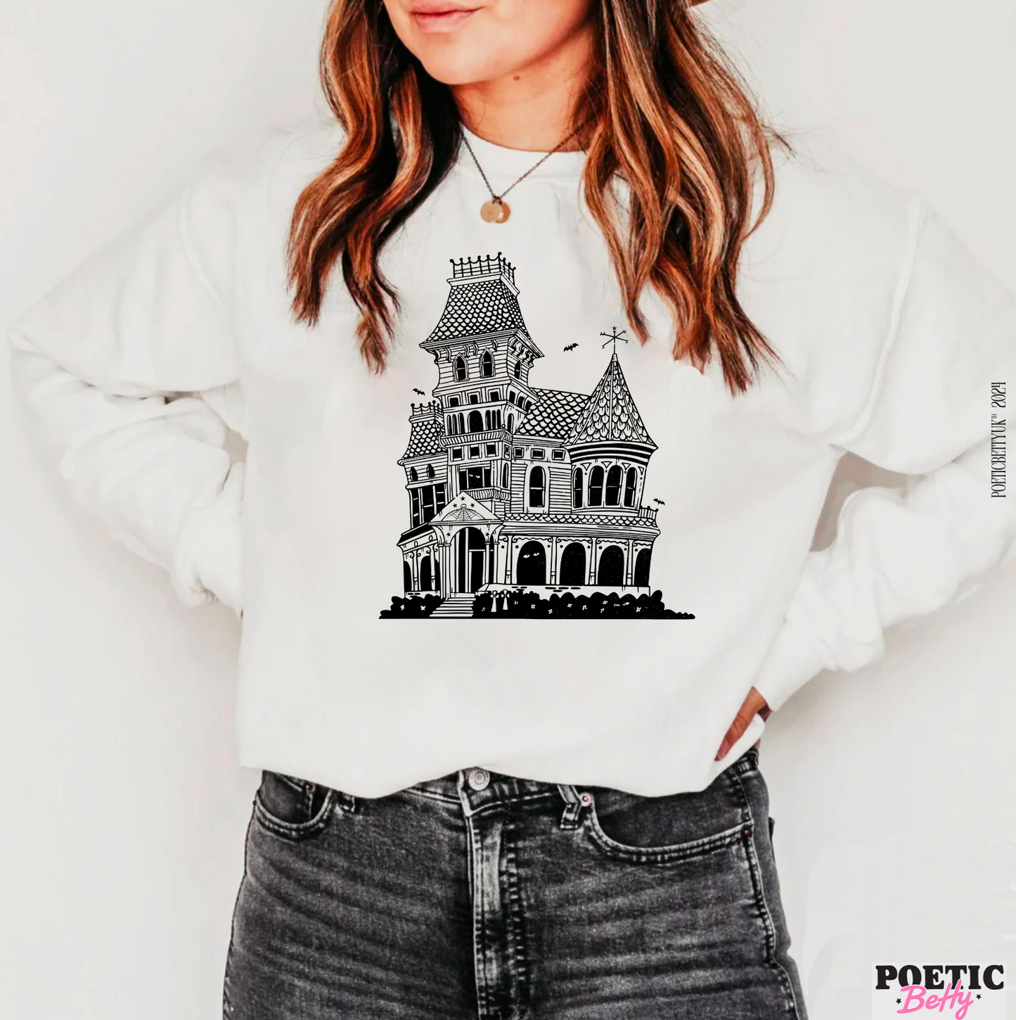 Haunted Mansion House Illustration Spooky Crew Neck Sweatshirt