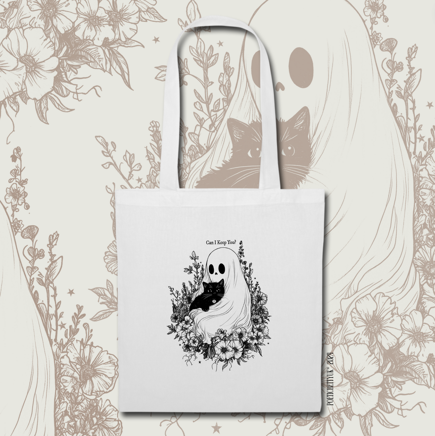 Cute Ghost and Black Cat Spooky Vintage Halloween White Tote Bag