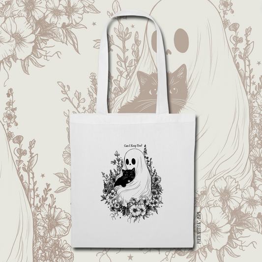 Cute Ghost and Black Cat Spooky Vintage Halloween White Tote Bag