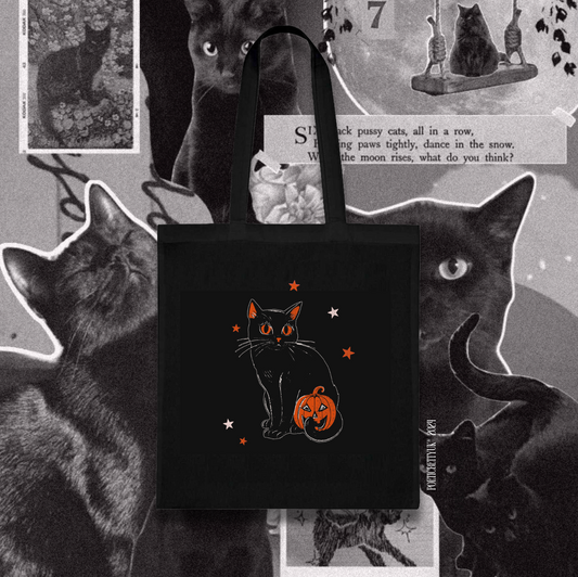 Black Cat Retro Halloween Pumpkin Tote Bag