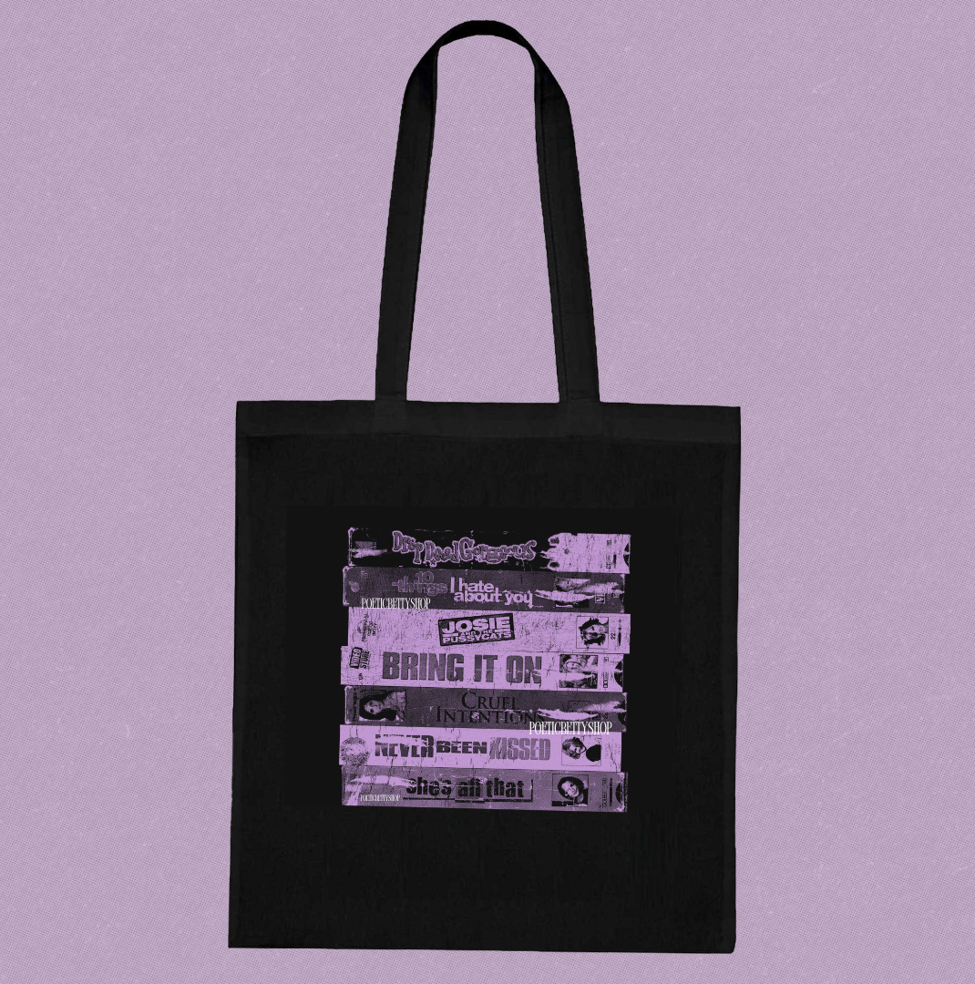 VHS Tape Stack 90s Teen Comedy Nostalgic Playlist Black Tote Bag