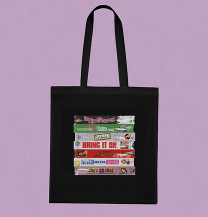 VHS Tape Stack 90s Teen Comedy Nostalgic Playlist Black Tote Bag