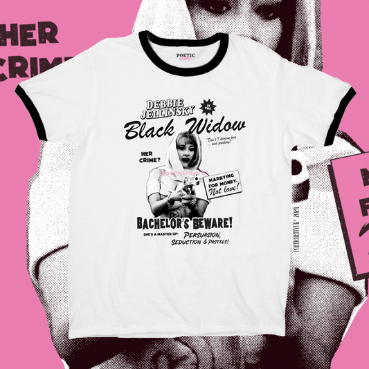 Debbie Jellinsky Bachelors Beware! Black Widow Movie Retro Ringer T-Shirt