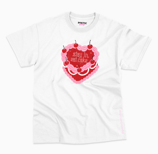 Stay In Eat Cake Vintage Pink Cherry Heart Slogan T-Shirt 100% Cotton