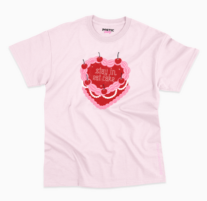 Stay In Eat Cake Vintage Pink Cherry Heart Slogan T-Shirt 100% Cotton