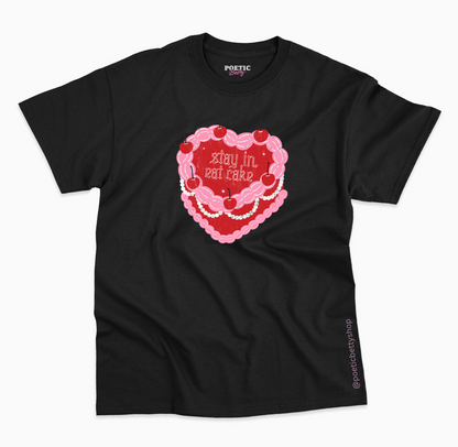 Stay In Eat Cake Vintage Pink Cherry Heart Slogan T-Shirt 100% Cotton