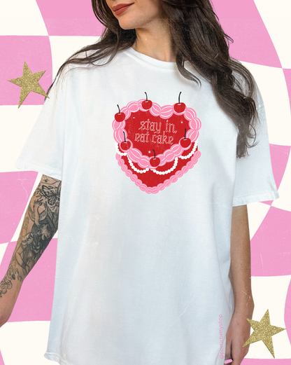 Stay In Eat Cake Vintage Pink Cherry Heart Slogan T-Shirt 100% Cotton