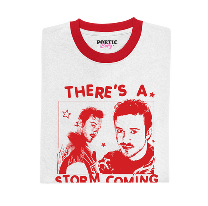 There's A Storm Coming Joseph Quinn Fire Red Black Retro Ringer T-Shirt