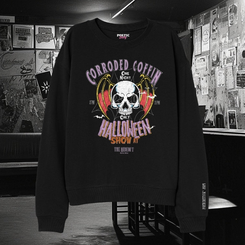 Eddies Corroded Coffin Vintage Halloween Show Crew Neck Sweatshirt