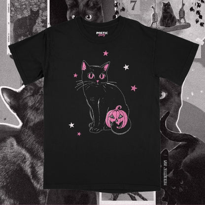 Black Cat Vintage Pumpkin Halloween Spooky Pink Gothic Crew Neck Adult T-Shirt