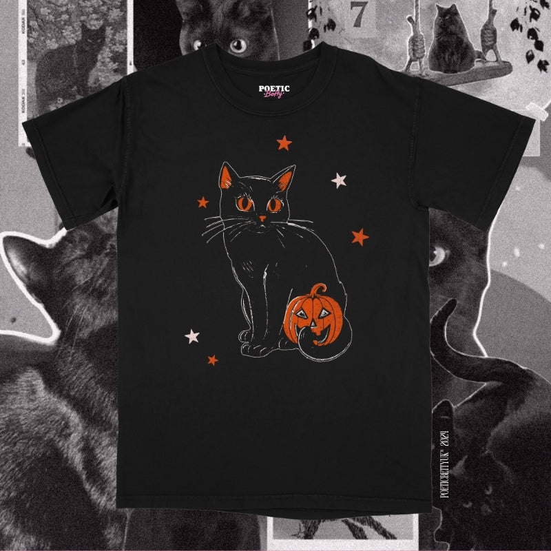 Black Cat Vintage Pumpkin Halloween Spooky Pink Gothic Crew Neck Adult T-Shirt